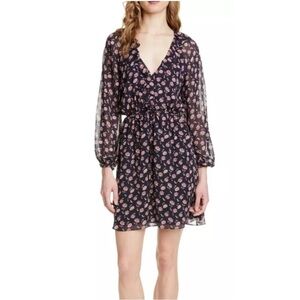 JOIE MARELLE Ruffle Trim Floral 100% Silk Tie Waist Dress in Navy Size XS